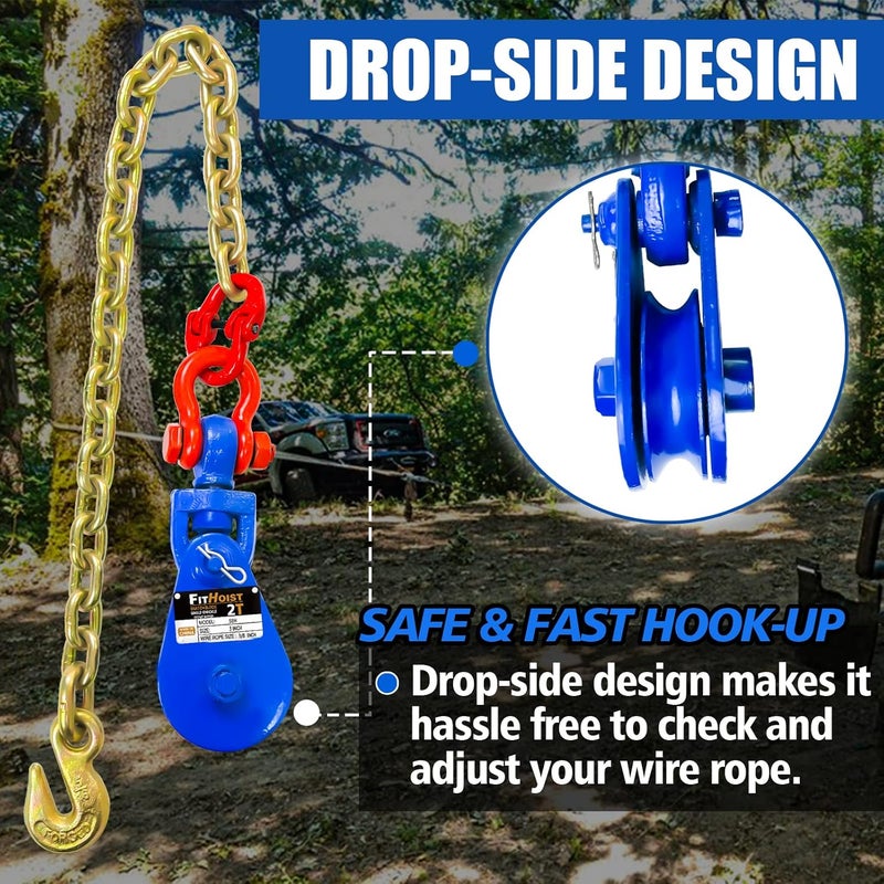 FITHOIST 2 Tons Snatch Block with G80 Chain | 3" Sheave for 3/8" Inch Wire Rope | High Strength Snatch Blocks for Towing and Recovery Applications | Tow Truck Rollback Wrecker Car Hauler Winch - Image 4